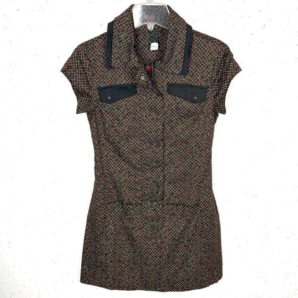 SKFK Skunkfunk Ursula Zip Front Shirt Dress Brown Geometric Cotton Blend Size 1